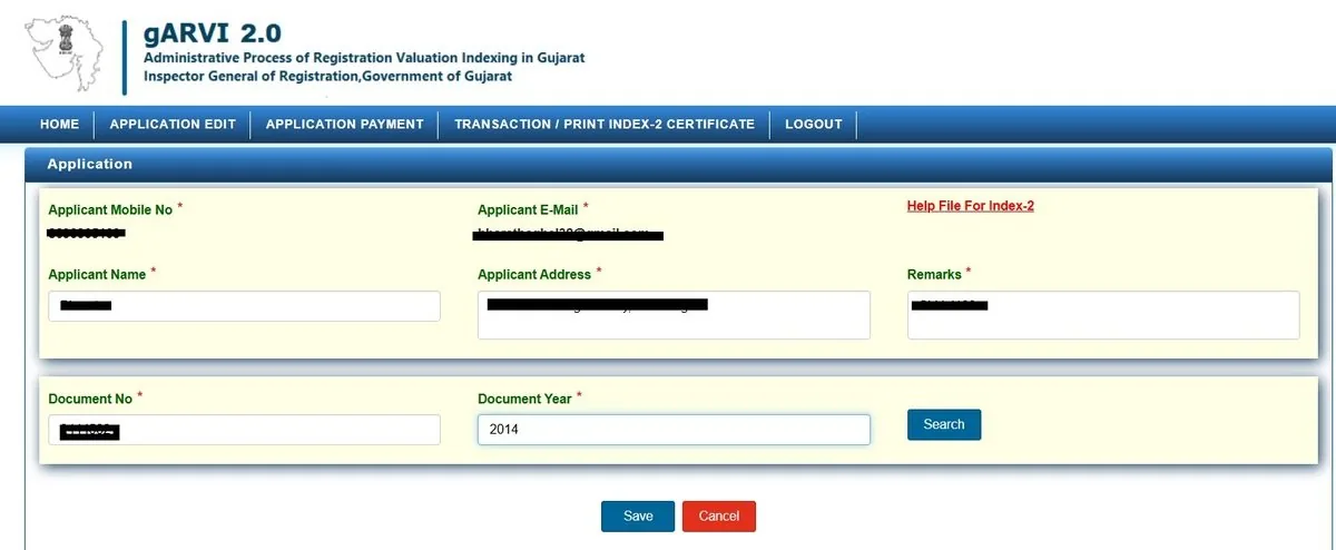Applicant's personal details form for an Index 2 copy on iORA